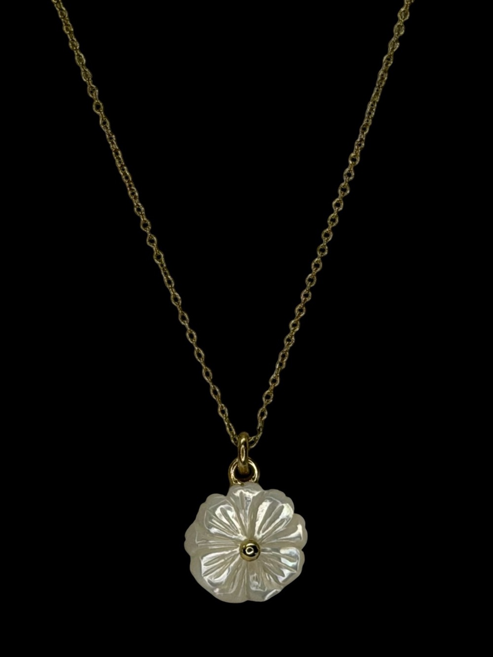 Carved Mother of Pearl Flower Pendant Necklace on Gold Plated Chain